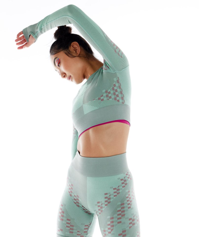 Women's Gymshark Wtflex Cyborg Seamless Long Sleeve Cropped Tops Green | NZ 6HXTGU